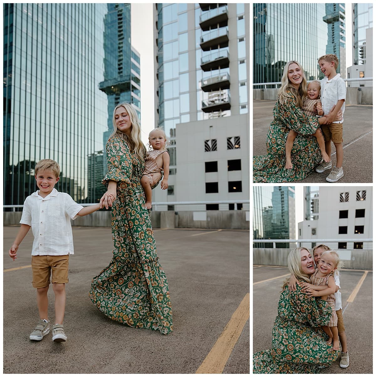 Mom plays with sons for Downtown Austin Rooftop Family Session 