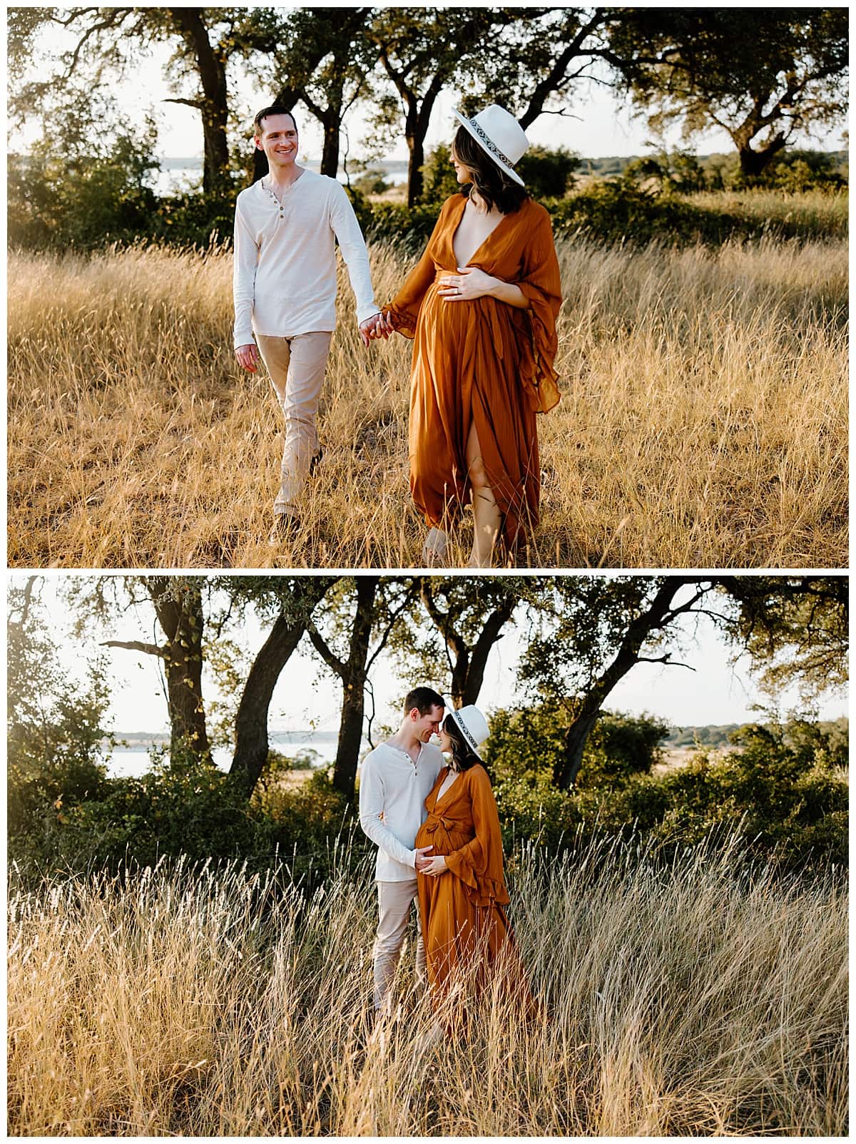 Couple walks hand in hand for their outdoor maternity session