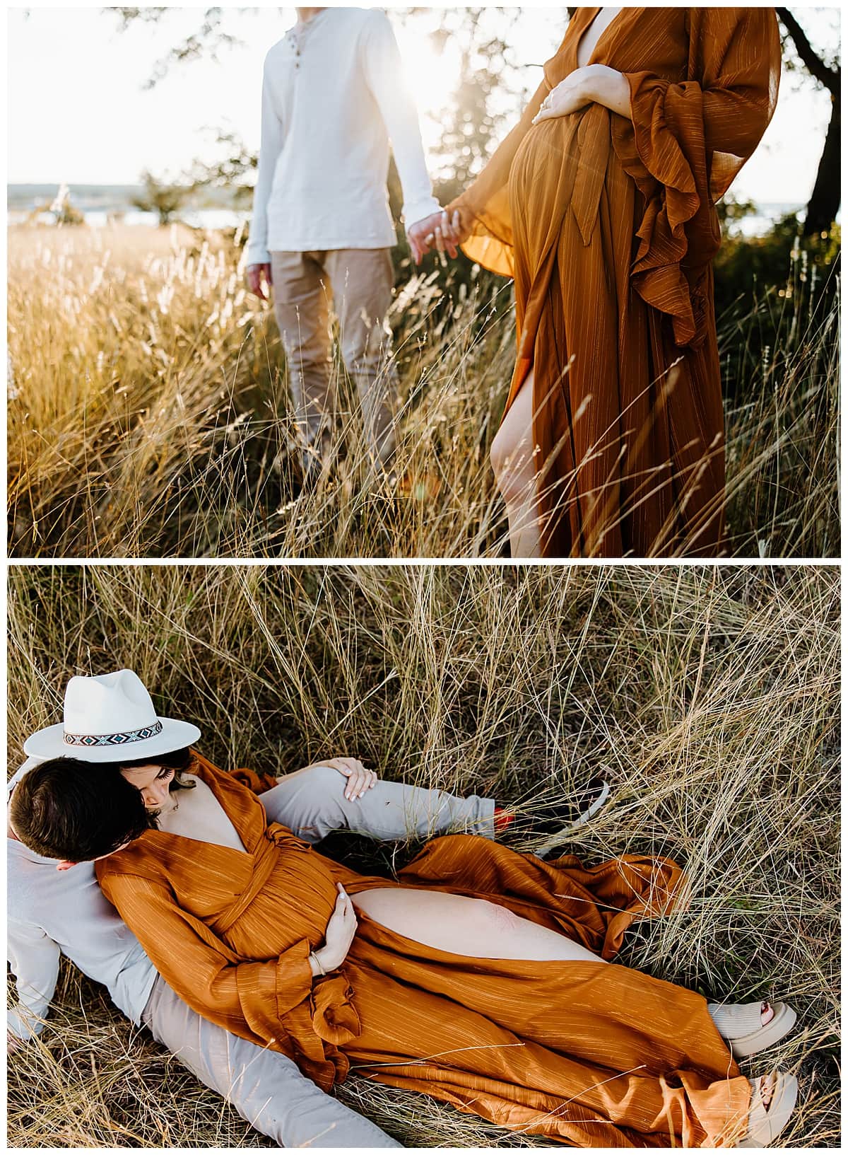 Couple walks in the tall grass during their outdoor maternity session