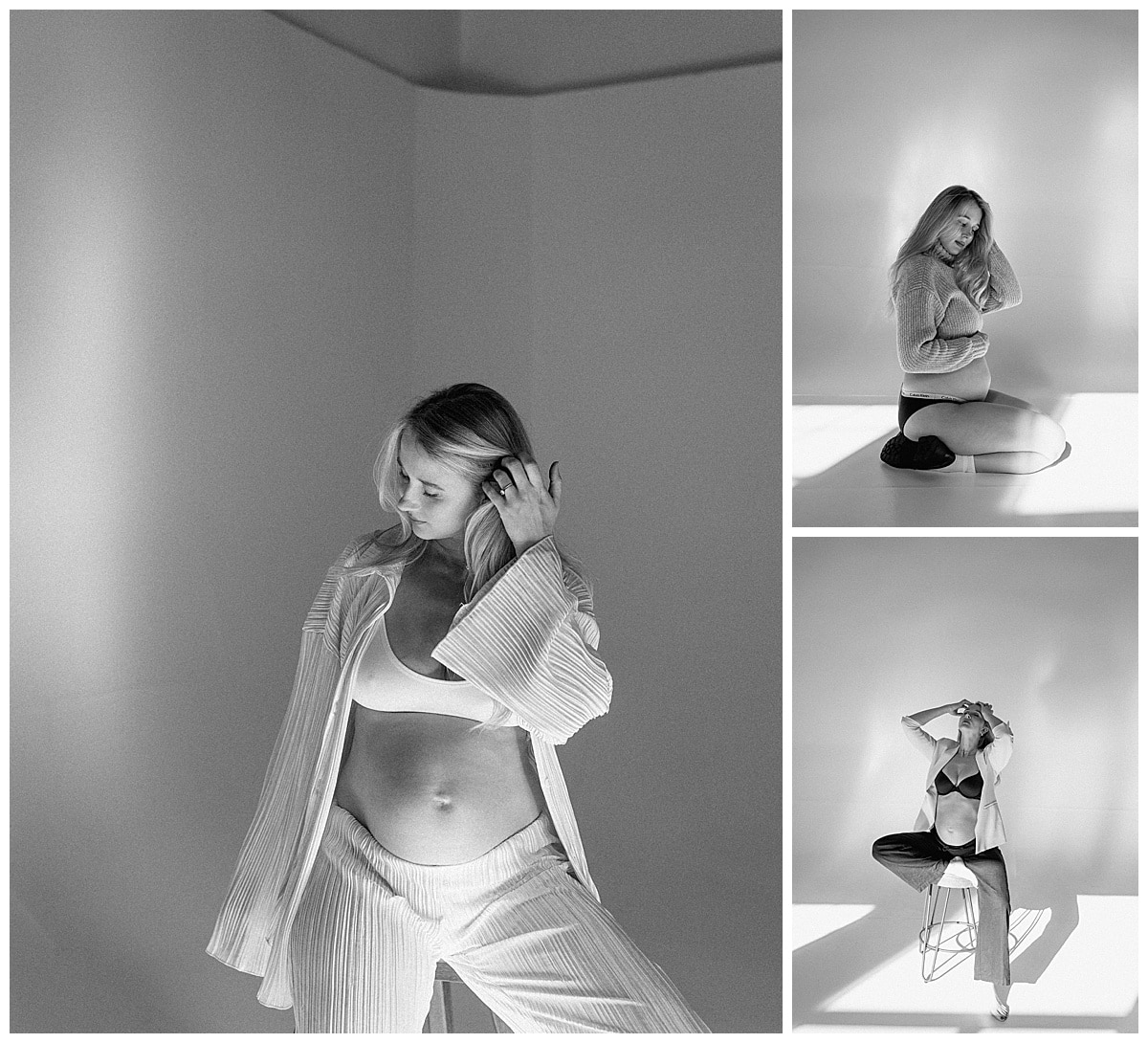 Woman sits in a studio holding her belly for Our Adventuring Souls Photography