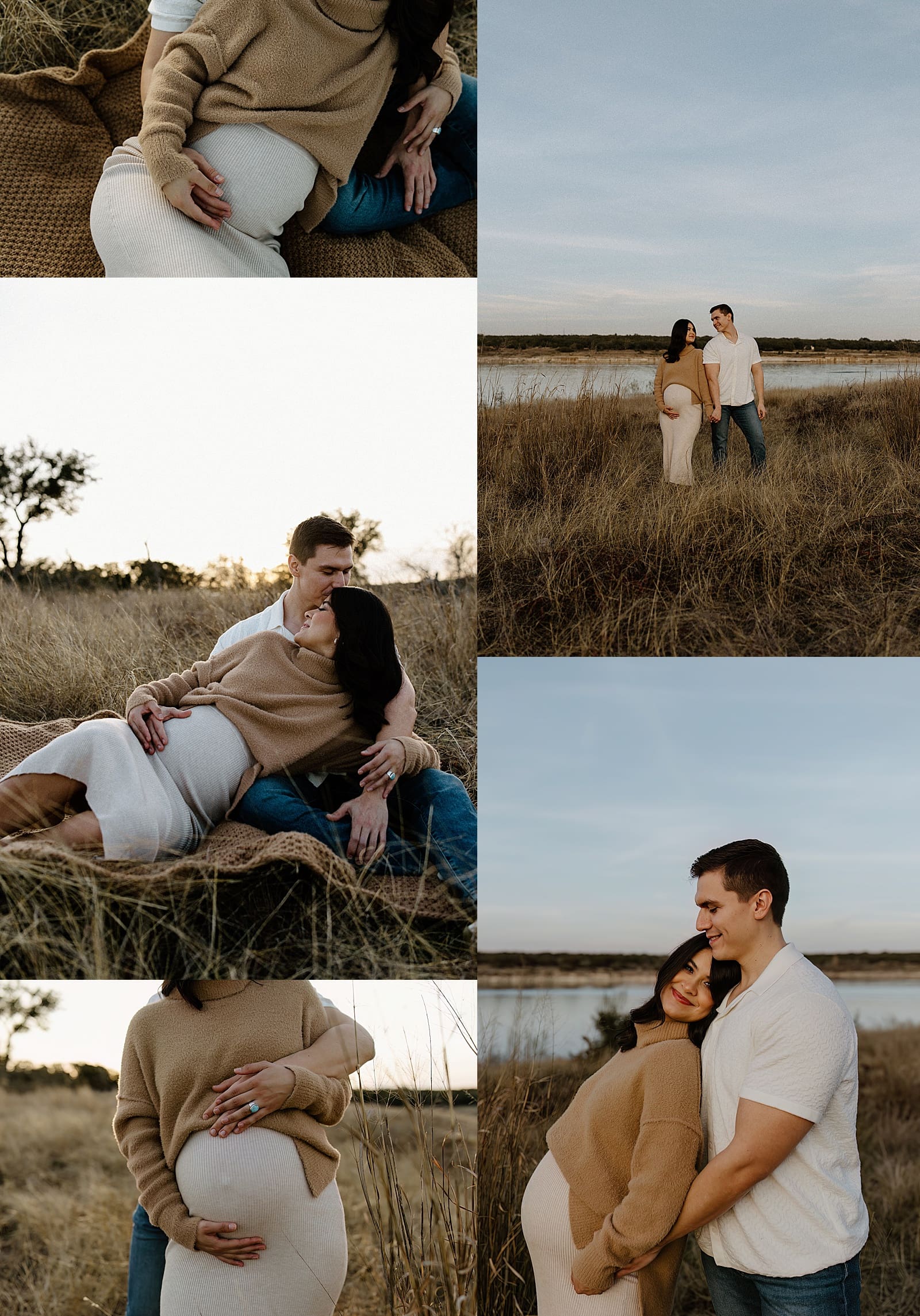 Couple stand together embracing the baby bump and showing off the best Maternity Session Outfit Inspiration