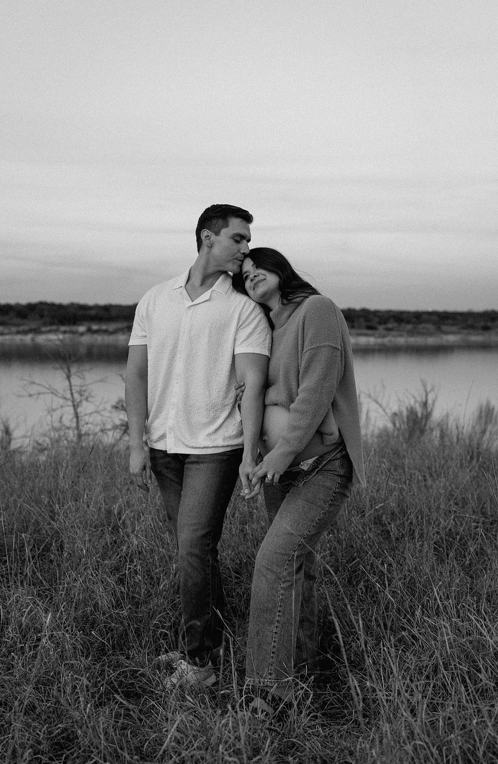 Woman lays her head on man's shoulder for Austin Motherhood Photographer